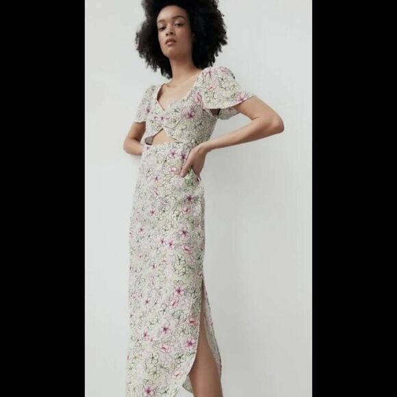 ZARA NWT SS22 WOMAN MULTICOLORED FLORAL PRINT MIDI DRESS CUT OUT size Small. - Picture 6 of 15
